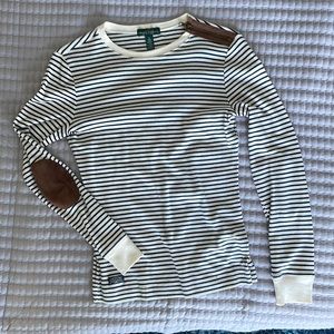 Navy and white striped long sleeve with elbow patches and shoulder zipper detail